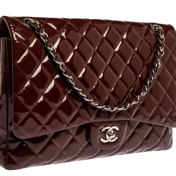 Chanel Burgundy Quilted Patent Leather Maxi Classic Single Flap Bag
